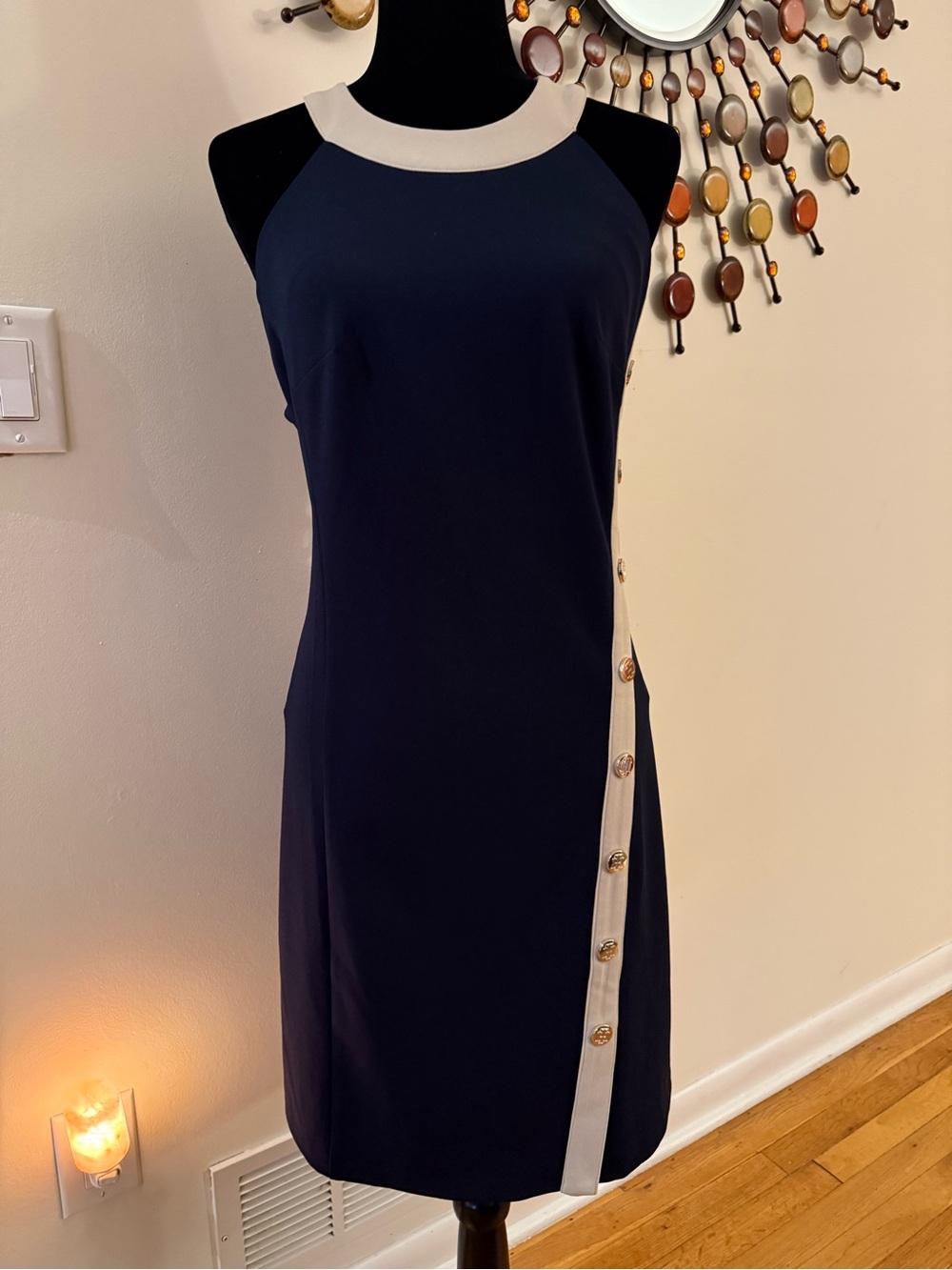 Tommy Hilfiger Navy and Cream Sleeveless Midi Shift Dress